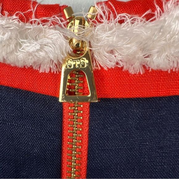 Sail to Sable Raw Trim Details Blue Red Linen Dress Size 10 - Picture 10 of 12